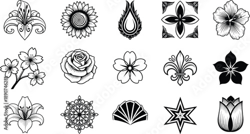 Decorative floral and ornamental vector icon set with roses lilies mandalas fleur de lis and abstract symbols