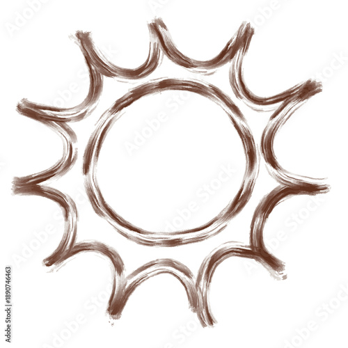 茶色の手描き水彩風線画太陽アイコン 有機的カーブの放射光を持つ中央空白サンモチーフ ナチュラルスケッチ調 ベクター透過イラスト/Hand Drawn Brown Watercolor Style Line Art Sun Icon with Organic Curved Rays and Hollow Center Natural Sketch Vector Illustration on Tra