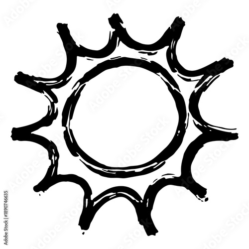 黒の手描きブラシ線によるラフな太陽線画アイコン 中央円形空白と荒い放射光を持つスケッチ風 ベクター透過素材/Rough Hand Drawn Black Brush Line Sun Icon with Hollow Center and Uneven Rays Sketch Style Vector Illustration on Transparent Background
