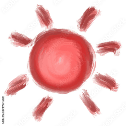コーラルレッドの手描き太陽イラスト 放射状ブラシ筆跡の水彩風あたたかいシンボル ベクター透過素材/Coral Red Hand-Drawn Sun Illustration with Radiating Brush Strokes Warm Watercolor Style Vector Isolated