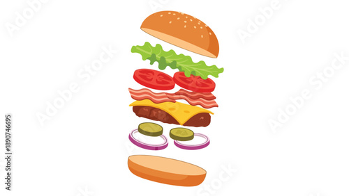 Deconstructed gourmet burger with floating ingredients. A dynamic visual for food blogs recipes and menus showcasing fresh components arranged