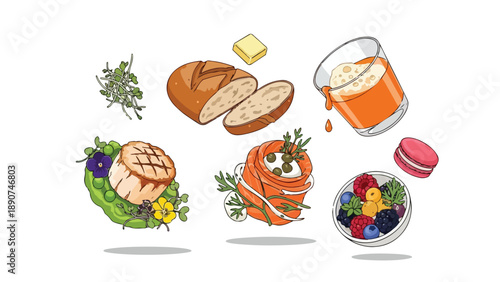 An artful illustration showcasing a diverse array of gourmet culinary delights including fresh baked bread savory cheese smoked salmon vibrant