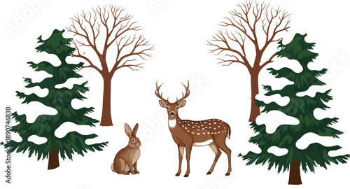 Winter Forest Wildlife Illustration with Deer and Rabbit Among Snowy Evergreen Conifers and Bare Deciduous Trees on a White Background