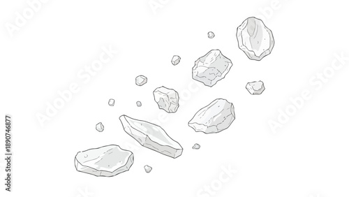 Stylized illustration of various scattered geological fragments and abstract rock formations floating against a pristine white background perfect