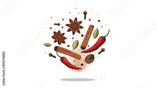 Vibrant Culinary Spices Mix Falling Illustration Dynamic Aroma Flavorful Ingredients Herbal Seasoning Assortment Isolated