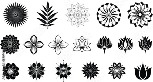Decorative floral mandala and lotus vector icon set with abstract botanical shapes and black silhouettes