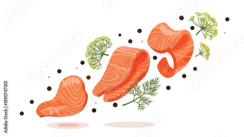 Freshly prepared salmon fillets with aromatic dill and black peppercorns elegantly arranged a culinary delight for healthy eating and gourmet cuisine