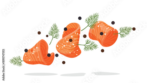 Beautifully illustrated fresh salmon portions, artfully combined with fragrant dill sprigs and scattered dark peppercorns, symbolizing a healthy and