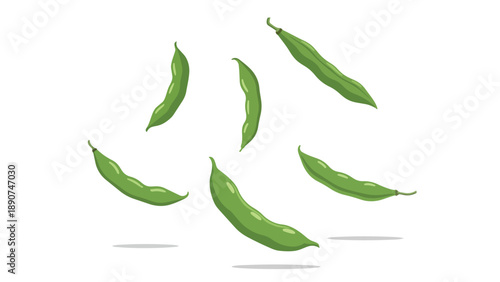 Vibrant green legume pods gracefully suspended in mid-air against a pristine white background showcasing natural freshness and organic garden produce.