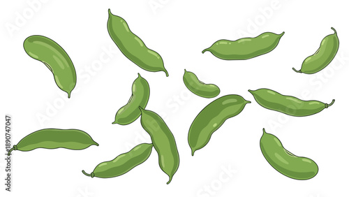 A delightful illustration of fresh green fava bean pods scattered playfully, offering a vibrant and healthy food design element for various culinary