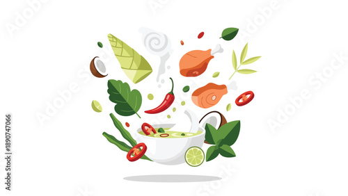 A vibrant culinary illustration showcasing essential Southeast Asian ingredients swirling around a delicious bowl of aromatic spiced soup with