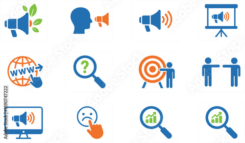 Marketing communication icons set featuring advertising research targeting presentation feedback and analytics symbols flat vector illustration modern design