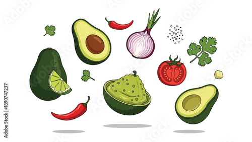 A vibrant collection of fresh ingredients for preparing delicious homemade guacamole including ripe avocados chili peppers onion tomato and cilantro
