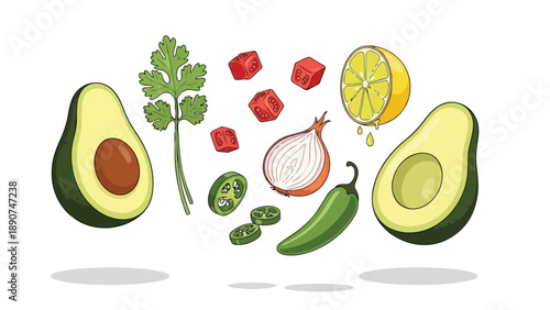 Vibrant collection of fresh guacamole or salsa ingredients featuring avocados cilantro tomatoes onions jalapeños and a zesty lemon half ready for