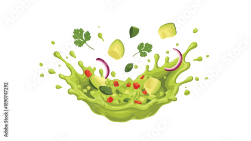 Vibrant guacamole dip splashing with fresh avocado, red onion, and cilantro.