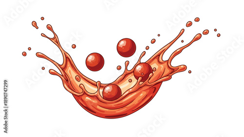 Energetic liquid wave illustration showcasing a delightful crimson splash and floating round elements symbolizing fresh fruit essence captured in