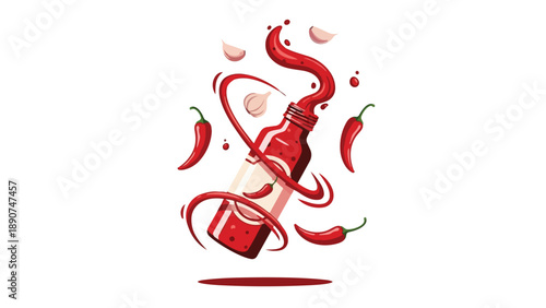 Dynamic spicy chili sauce bursting from a modern bottle, surrounded by flying red peppers and fresh garlic cloves, conveying intense flavor and