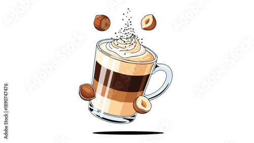 Artistic illustration of a delightful layered hazelnut coffee creation adorned with whipped cream and sprinkles elegantly descending into a clear