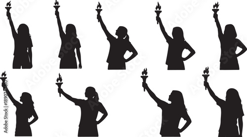 Silhouettes of women holding torches in various poses and styles