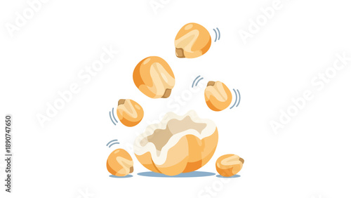 Dynamic illustration of corn kernels transforming, with one undergoing the popping process, surrounded by unpopped grains