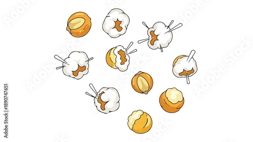 A captivating and detailed illustration showcasing the complete transformation of popcorn, from hard golden kernels into wonderfully light fluffy