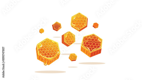 Golden Hexagonal Honeycomb Pieces Floating Sweetly on a Bright White Background Representing Natural Deliciousness and Energy