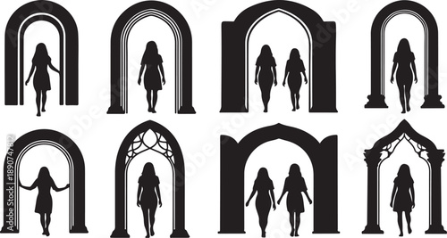 Silhouettes of women standing in various arched doorways and windows