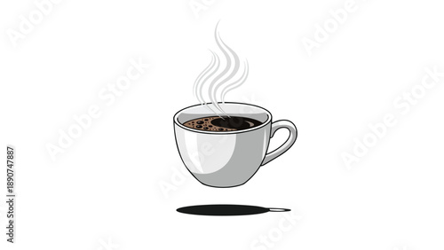Stylized illustration of a steaming hot coffee cup levitating gracefully above its own subtle shadow, conveying warmth and minimalist design
