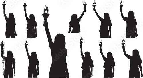 Silhouettes of women holding torches in various poses together