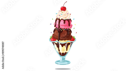 A vibrant illustration of a classic ice cream sundae, featuring stacked scoops, chocolate drizzle, sprinkles, fresh berries, whipped topping, cherry.