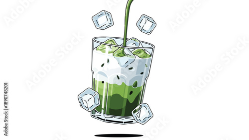 Crafted illustration capturing a refreshingly cool iced green tea beverage expertly prepared with creamy layers and dynamic ice cubes falling into