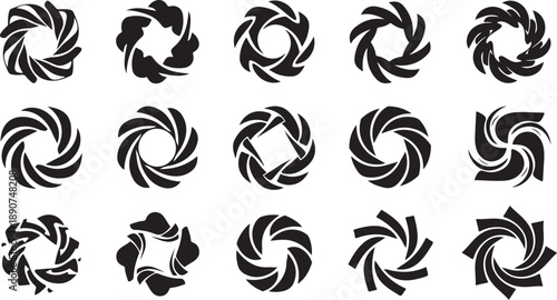 Collection of black swirling shapes on white background designs