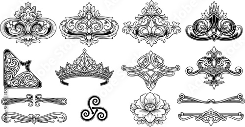 Elegant ornamental vintage vector icon set with crowns flourishes scrolls crests and decorative floral elements