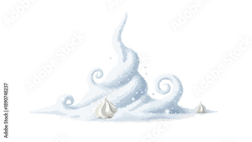 Elegant swirling white texture resembling fresh snow or delectable cream peaks, featuring tiny sweet dollops and subtle sparkles against a pristine