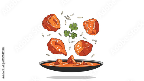 Dynamic culinary illustration featuring a rich, flavorful curry dish with gently floating ingredients