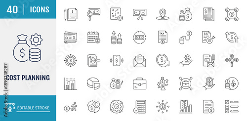 Cost planning icon set. Includes budget, expense, estimate, investment, funding and more. Vector illustration with editable strokes