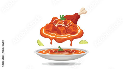 Rich curry illustration, featuring tender chicken or paneer cubes, thick savory sauce, lime garnish, aromatic herbs, dripping gravy, and a side bowl