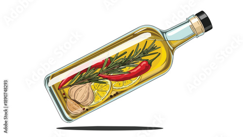 Gourmet oil infusion featuring vibrant red chilies aromatic rosemary zesty lemon garlic and peppercorns for culinary excellence and rich flavor