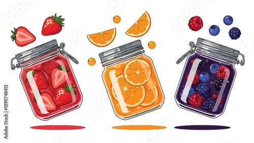 Three vibrant jars with strawberries, oranges, and mixed berries, ideal for healthy concepts.