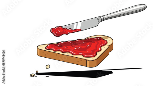 A vibrant cartoon depicting a slice of golden toast with red jam and a spreading knife