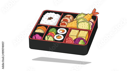 A meticulously arranged Japanese bento box showcasing a vibrant assortment of traditional cuisine with rice, sushi, tempura, and fresh vegetables