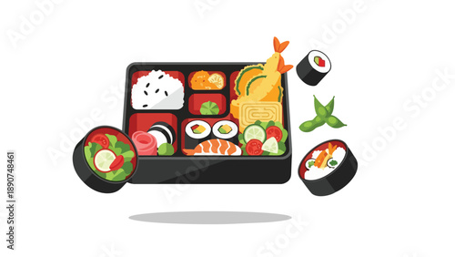 A stylized Japanese bento box filled with sushi, tempura, rice, salad, and edamame, showcasing diverse Asian cuisine.
