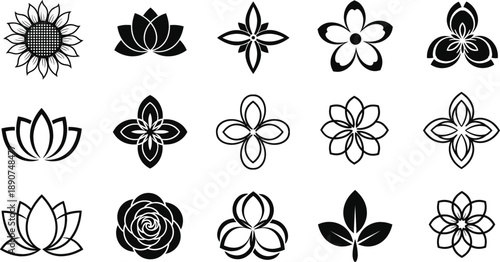 Decorative floral and lotus vector icon set with botanical flowers and ornamental black line art