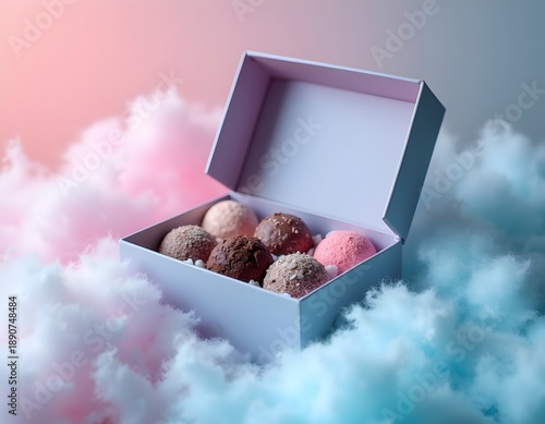 Pastel gift box with truffles amidst fluffy pink and blue clouds