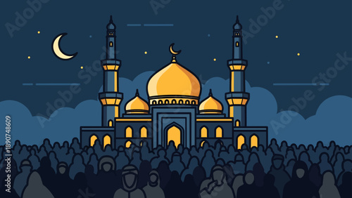 Mosque at Night with Crescent Moon.