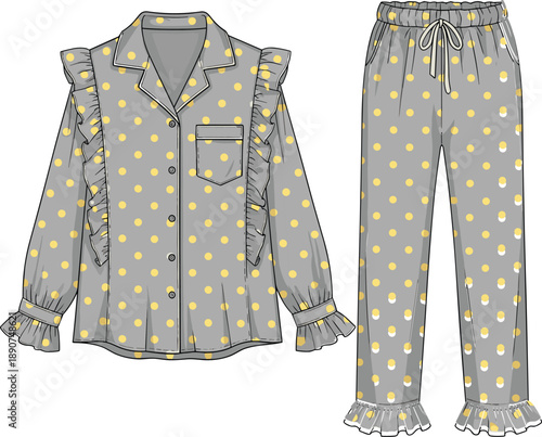 Women's Gray and Yellow Polka Dot Pajama Set Illustration Featuring Ruffle Details Long Sleeve Button Down Shirt and Matching Pants