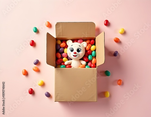 Cute teddy bear in a box of colorful jelly beans on pink