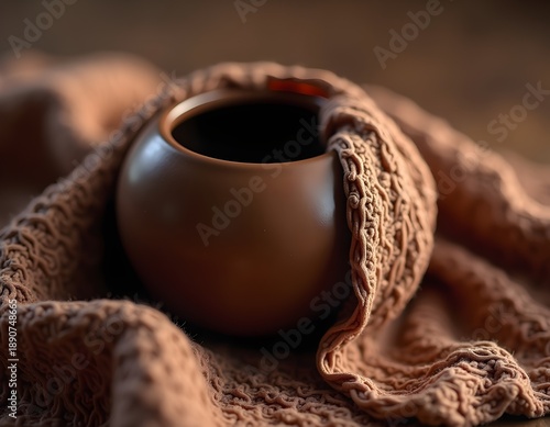 Simple brown ceramic bowl on a cozy, textured knit blanket