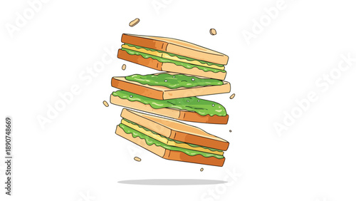 A delightful modern illustration presenting three appealing avocado toast sandwiches dynamically floating in a clean white space, embodying a fresh