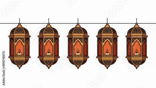 Five Decorative Lanterns Hanging in a Row.